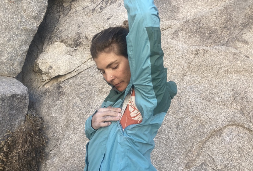 checking out the pit zips on the rei co-op rainier jacket.