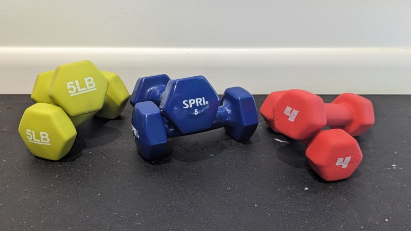 dumbbells - the grippy neoprene, smooth vinyl, and bright colors of these...