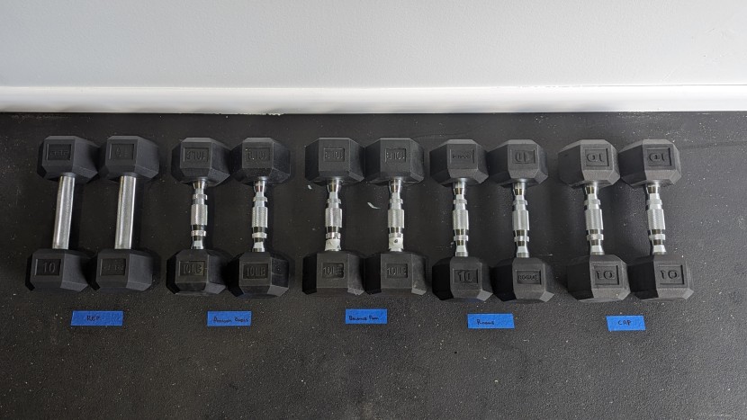 dumbbells - minor differences between grip, knurling, size, and construction...