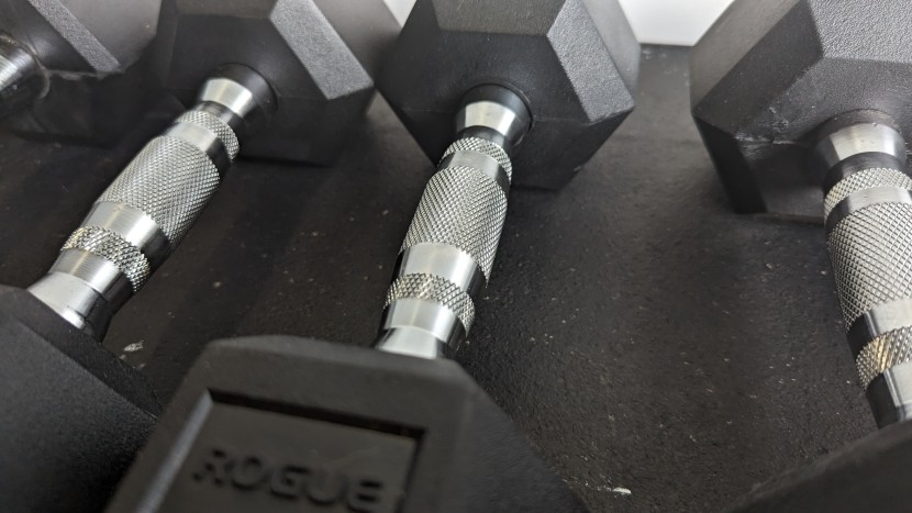 dumbbells - a closeup of the knurling on the rogue highlights the little...