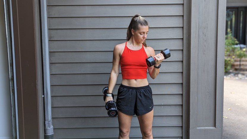 without plates, the core home fitness adjustable (right) weighs in...