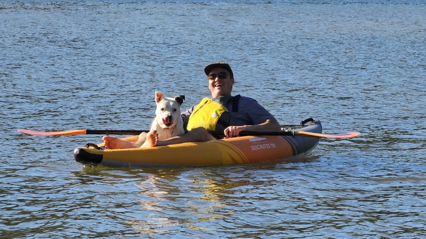 inflatable kayak - the deschutes has plenty of space for chillaxin with maggie the dog.