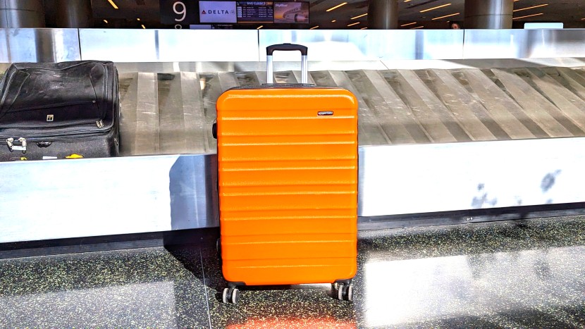 amazon basics 30" hardside spinner - trying to blend in: failing miserably at baggage-claim hide and...