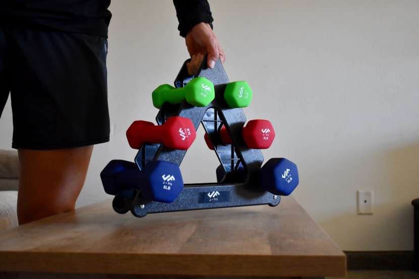 the two, three, and five pound set of j/fit dumbbells.