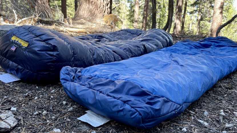 backpacking sleeping bag - ultra-premium loft on the left, regular loft on the right.