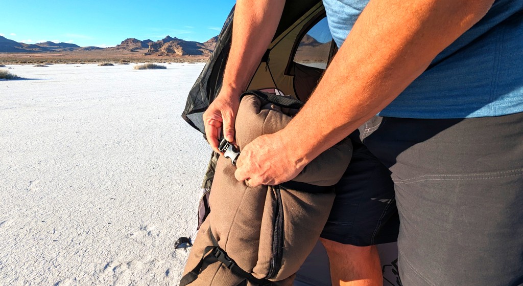 alps outdoorz redwood - testing the buckles on our redwood. although large, it packs up fast.