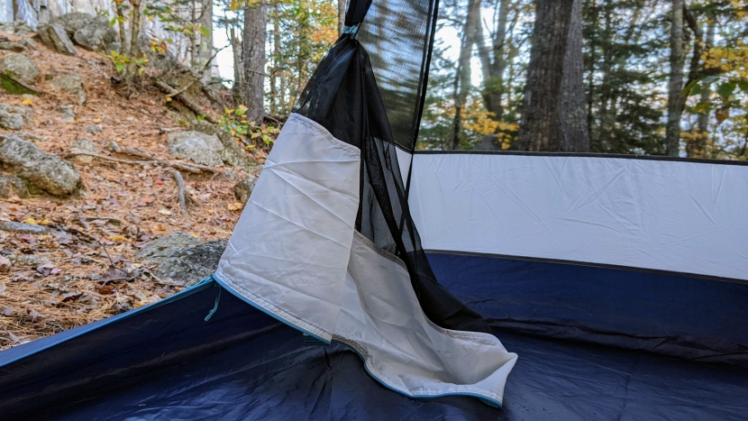rei co-op trailmade 2 - the mesh door to the inner tent is long, and hangs awkwardly in the...