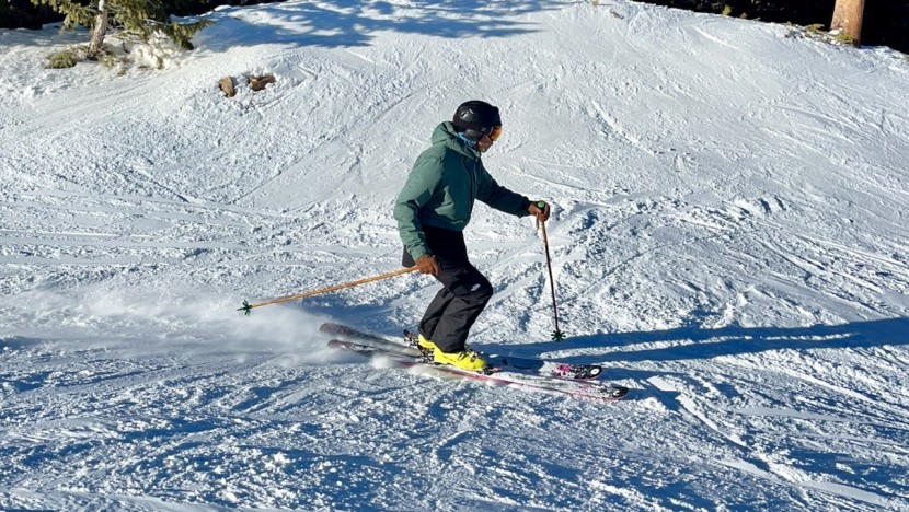 ripping in the north face freedom bib at the resort.