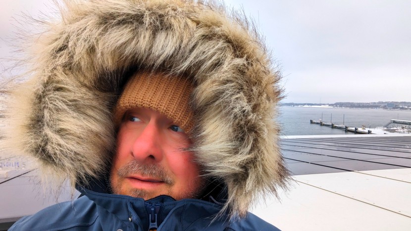 enduring a solo windy stern ride as our ferry docks in tallinn...