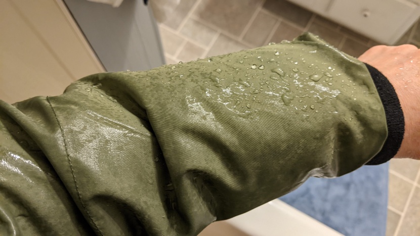 orolay thickened down - we didn't get wet during the shower test, but the fabric sure did.