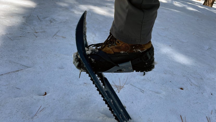 snowshoes - a hinged binding allows the snowshoe to freely rotate around your...