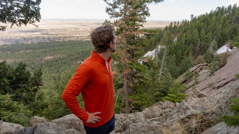 taking a mid-trail break in the rei co-op midweight half-zip.