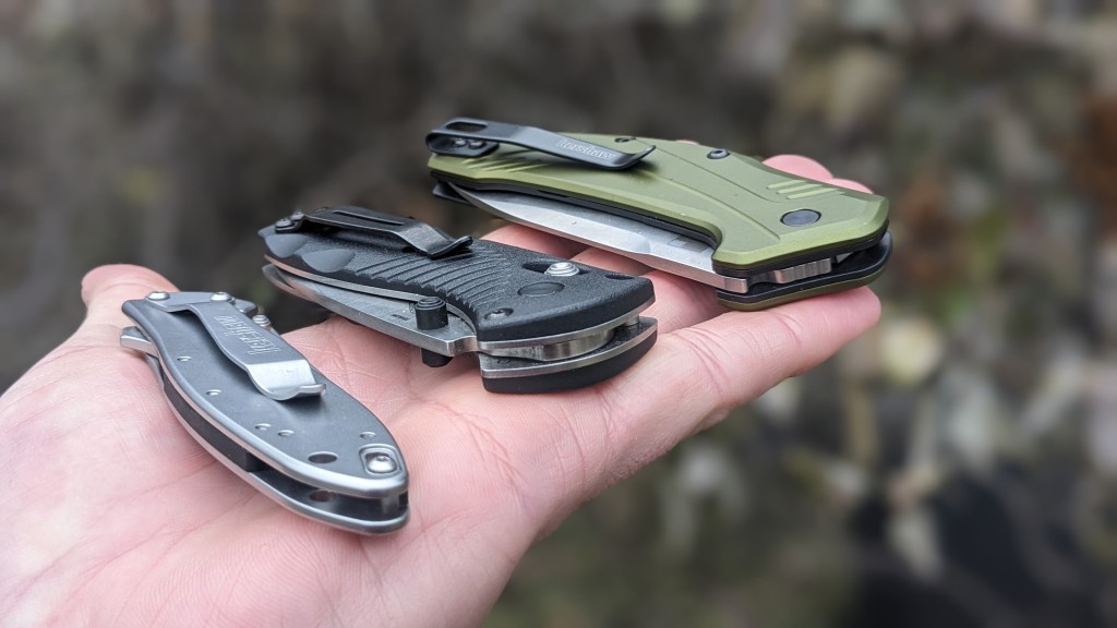 pocket knife - in order from left to right by size, the kershaw leek, the mini...