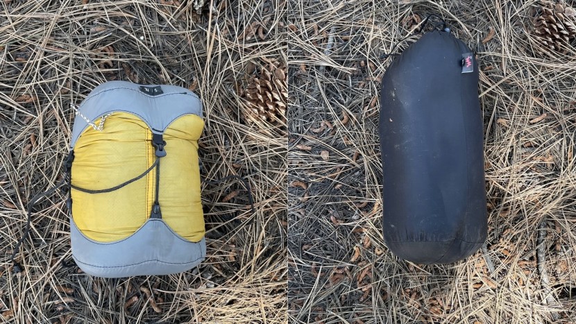backpacking sleeping bag - one of our warmest bags in the included stuff sack (right) and a...