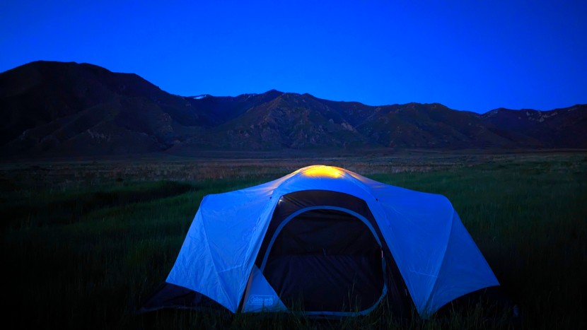 coleman skydome xl 8 - nighttime glow of the skydome's interior string lights.