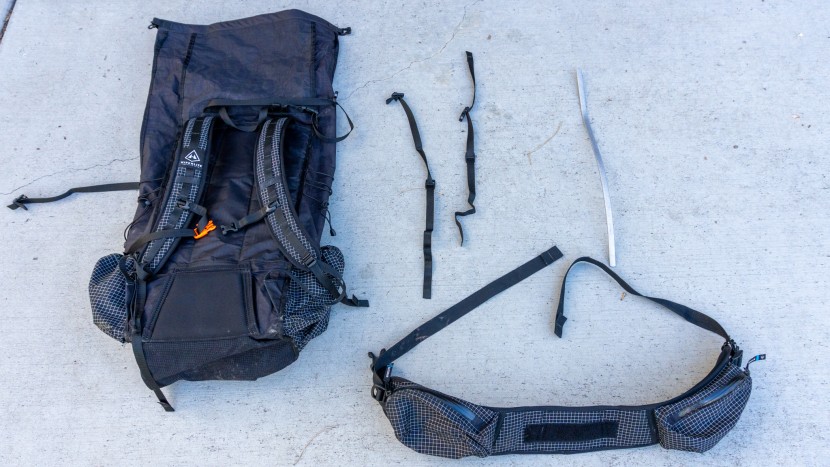 the hip belt, back stay and the two side cinch straps can be removed...