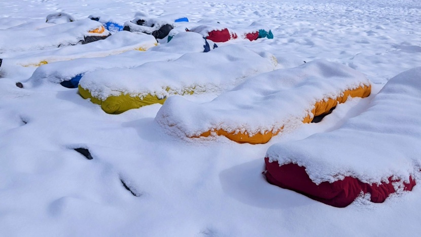 we left each sleeping bag out in snowy conditions to test weather...