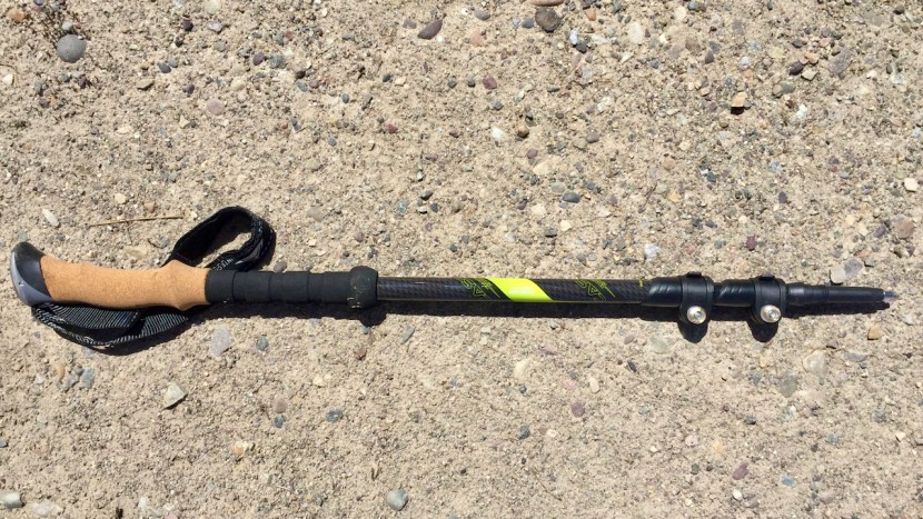 trekking poles - a three-section telescoping pole, fully collapsed.