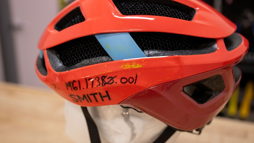 road bike helmet - after the impact test, some deformation is seen on the exterior of...