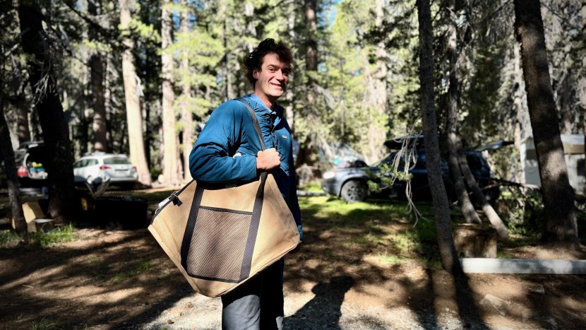 snow peak takibi fire &amp; grill - male model, mik metzler, shows how easy the snow peak design is to...