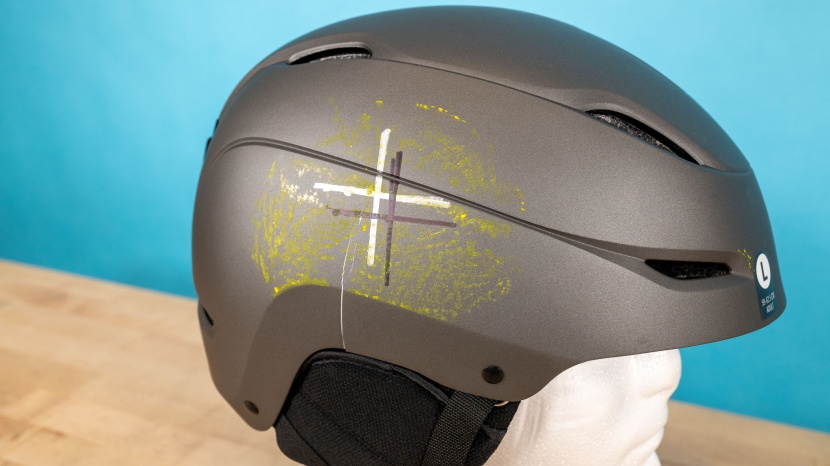 the exterior of the giro ratio after impact testing. note the crack...