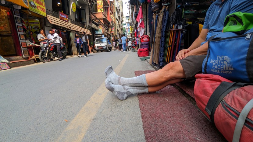danish endurance unisex merino 3-pack - sitting roadside at an outdoor gear shop in kathmandu, nepal. just...