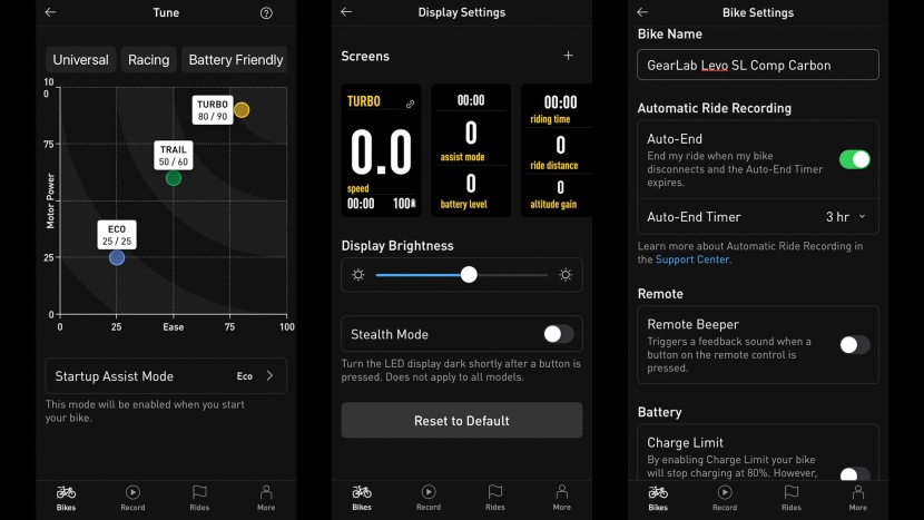 specialized turbo levo sl comp - tunability. three of the screens available in the specialized app...
