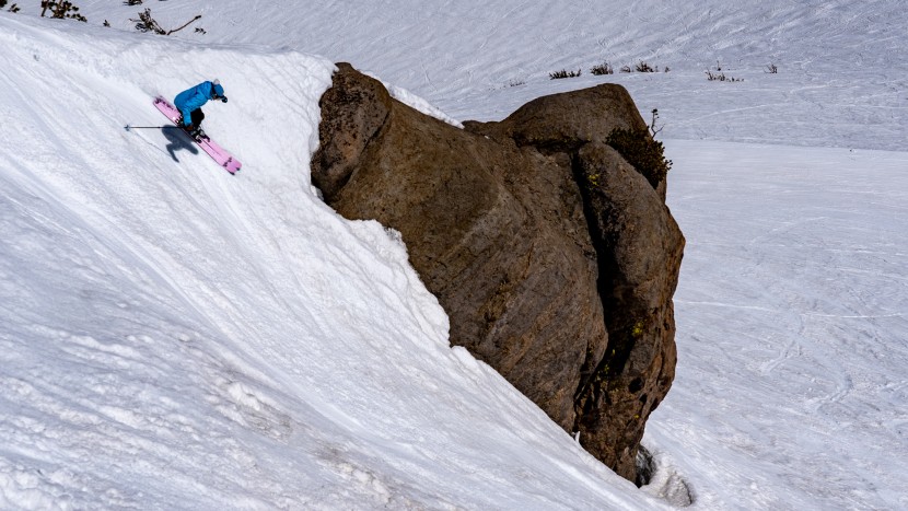 dps wailer 100 for women - good luck trying to pry this ski off hilary's feet. she's having way...