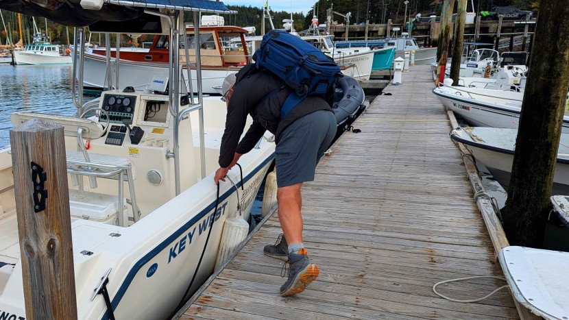 tying up at northeast harbor, maine with our adventure carry on...