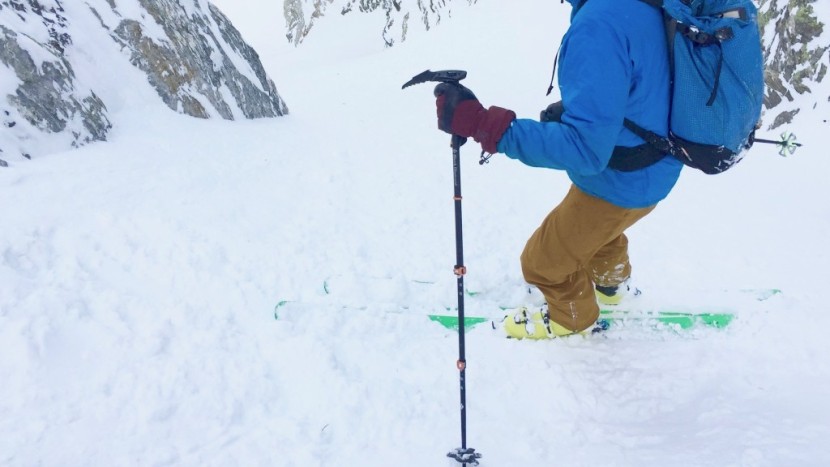 backcountry ski poles - the bd whippet at the ready above the choke of a steep couloir.