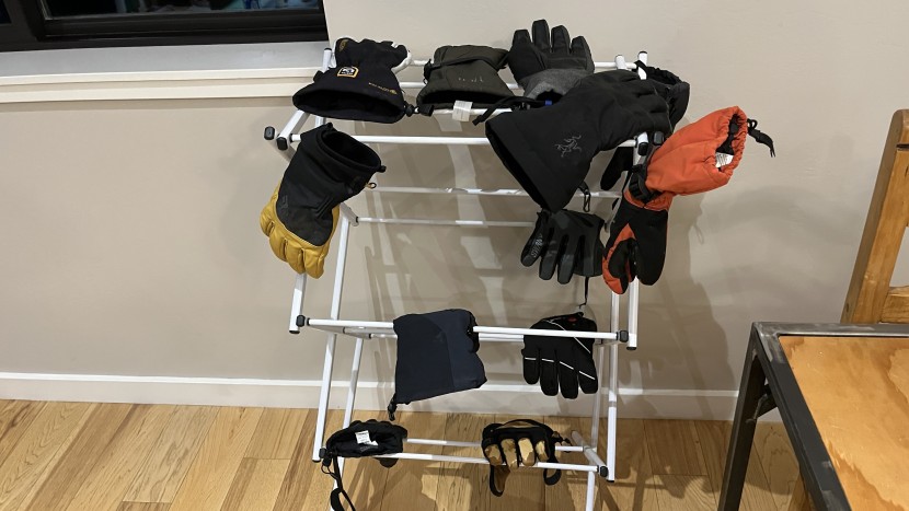 ski gloves - after the submersion test, we time how long each glove takes to dry...