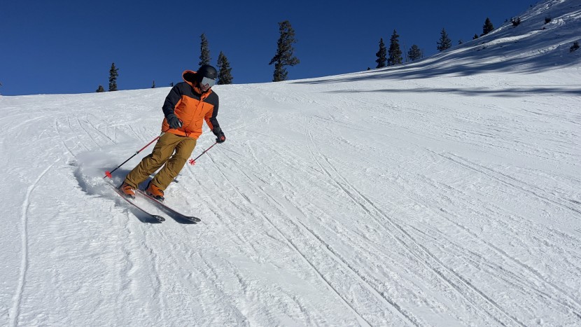 testing ski pants on a cold, sunny day.