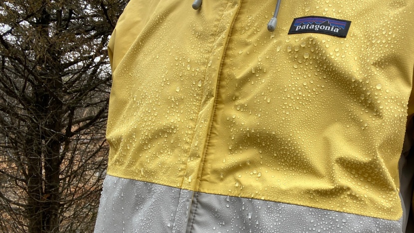 rain jacket - patagonia's h2no fabric along with dwr finish effectively bead water...