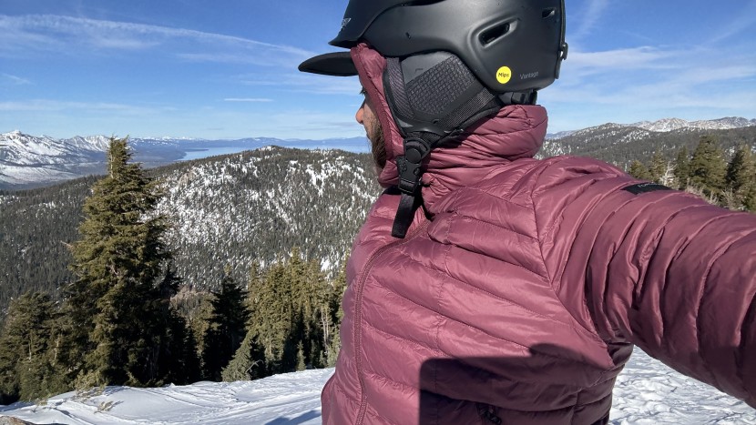 the hood fits comfortably under or over a full-size ski helmet.