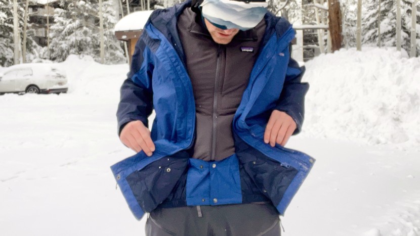 the whirlibird's powder skirt keeps snow out of the torso, but it...