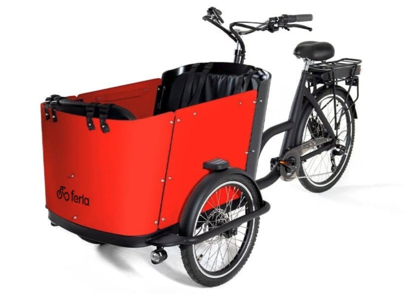 the ferla front box bike uses a three-wheel configuration and a...