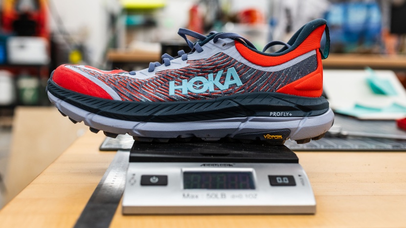 hoka mafate speed 4 - weighing the hoka mafate speed 4 in the lab.