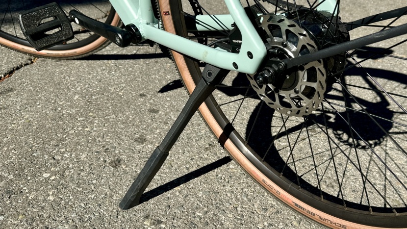 the adjustable kickstand uses a wide foot to keep your bike upright...