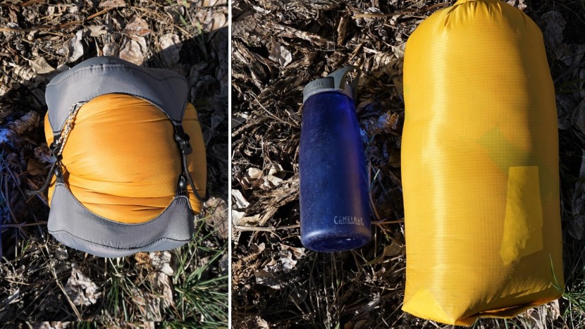 backpacking sleeping bag - the same bag stuffed in an after-market compression sack (left) and...