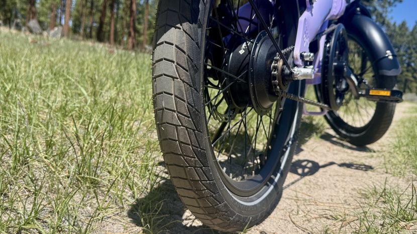 2.5" tires with inverted directional tread give the bike excellent...