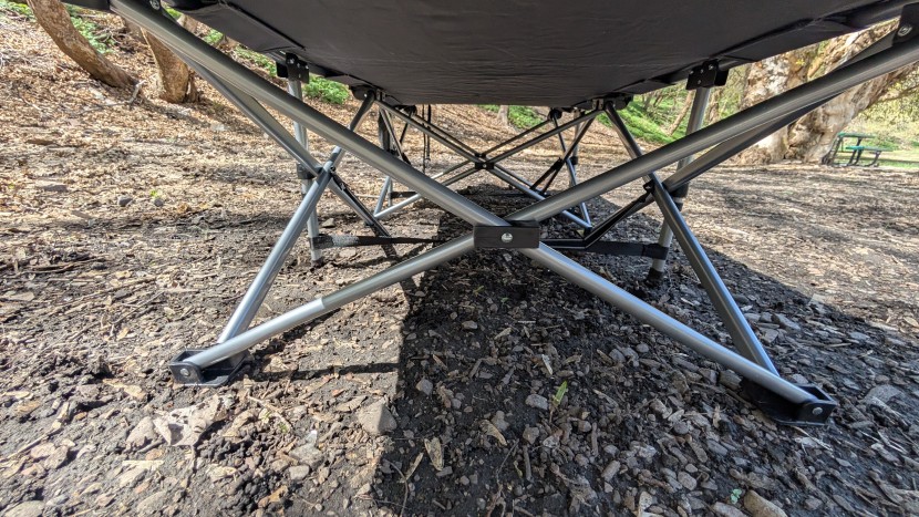 camping cot - a close of the aboron's intricate criss-cross frame. it's super...