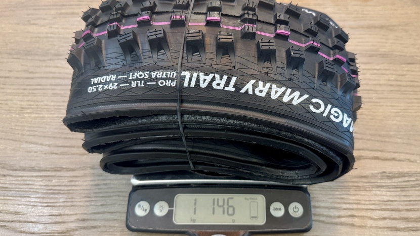 schwalbe magic mary radial trail pro - a respectable weight for a tire with this much confidence and grip.