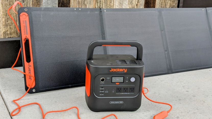 jackery explorer 2000 v2 - jackery 2000 v2 being charged by a 200 watt solar panel.
