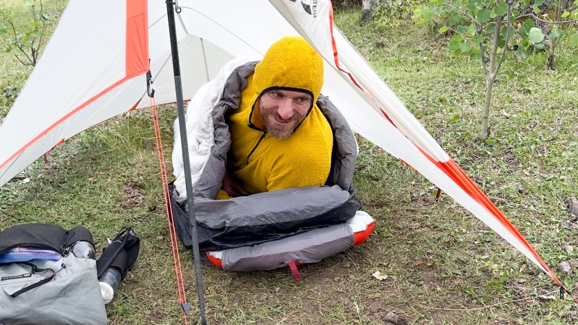 working hard testing out ultralight sleeping bags near the mt...