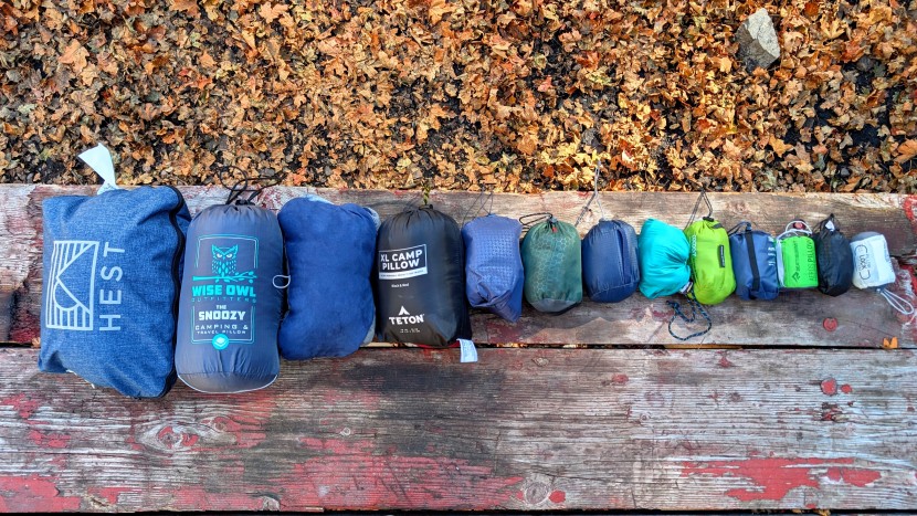 camping pillow - lining up our pillows according to packed size. packability can...