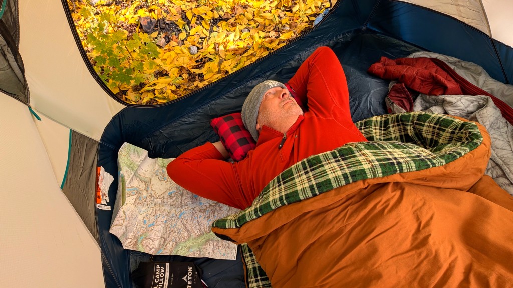 camping pillow - chillin' in the crisp october air on our teton sports pillow.