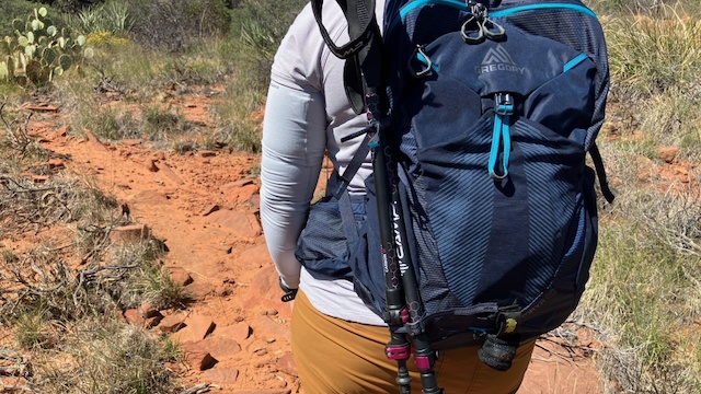 gregory maya 20 - trekking poles lash to the side of the pack with elastic and nylon...