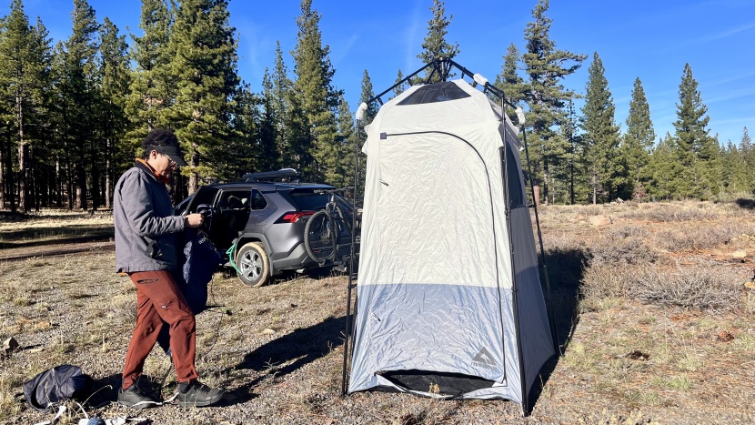 the caddis shower tent rapidly deploys and is packed with features...