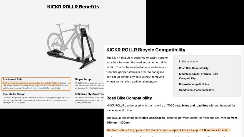 wahoo kickr rollr - these two screenshots show the lack of clarity in wahoo's website...