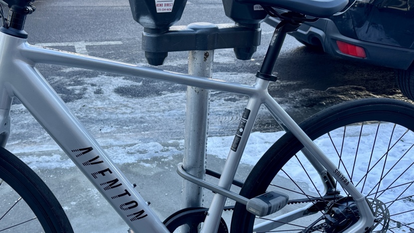 a parking meter, the frame, and the rear wheel are all secured in...